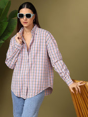 Kotty Women Spread Collar Micro Checked Cotton Casual Oversized Shirt