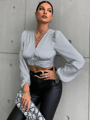 Kotty Tie-Up Neck Satin Wrap Crop Top