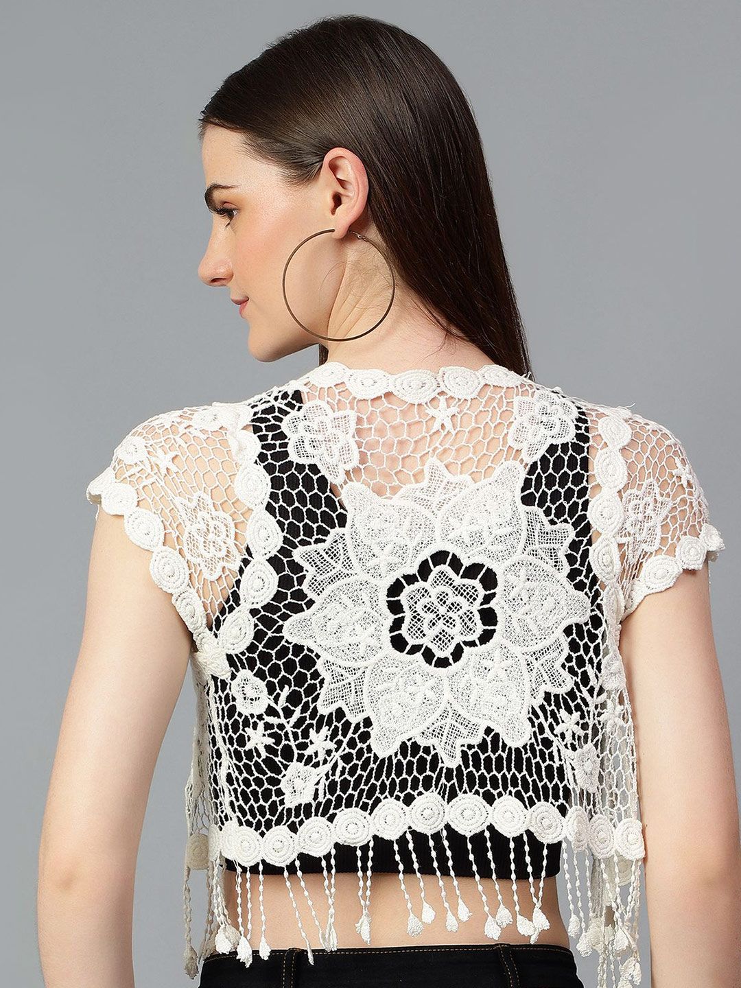 Kotty Self Design Crochet Open Front Crop Shrug