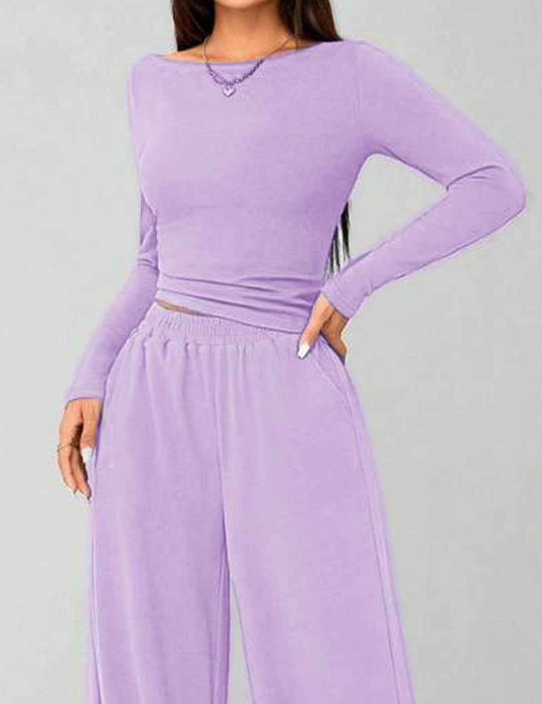 Kotty Round Long Sleeve Crop Top With Wide-Leg Trousers Co-Ords