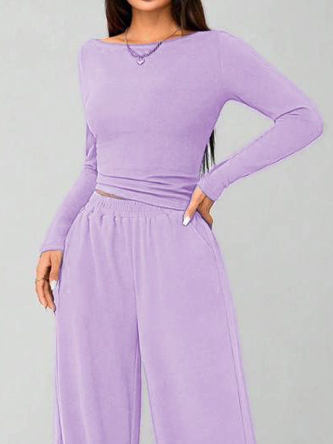 Kotty Round Long Sleeve Crop Top With Wide-Leg Trousers Co-Ords