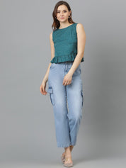 Kotty Geometric Print Crepe Peplum Crop Top