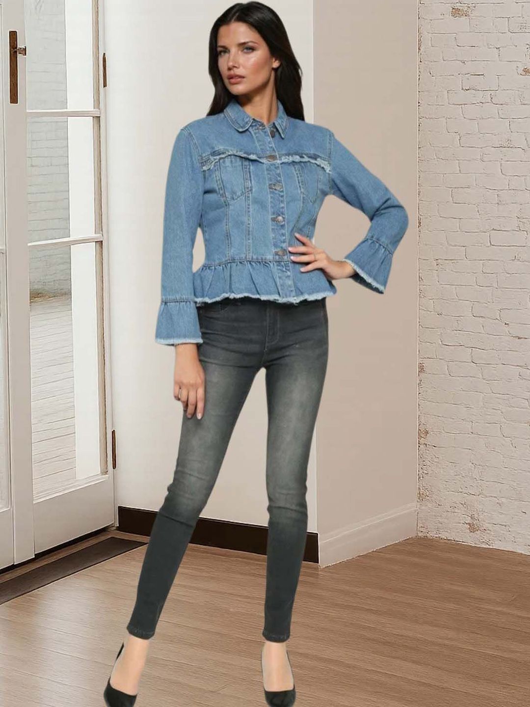 Kotty Women Spread Collar Solid Denim Jacket