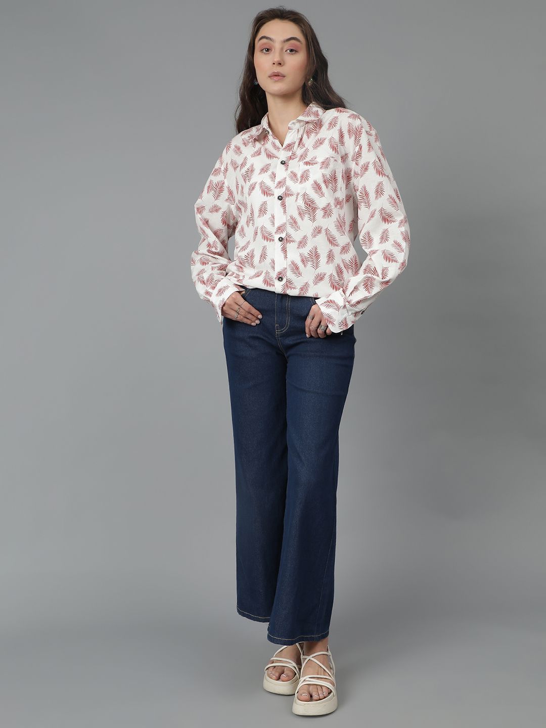 Kotty Women Spread Collar Floral Printed Cotton Oversized Casual Shirt
