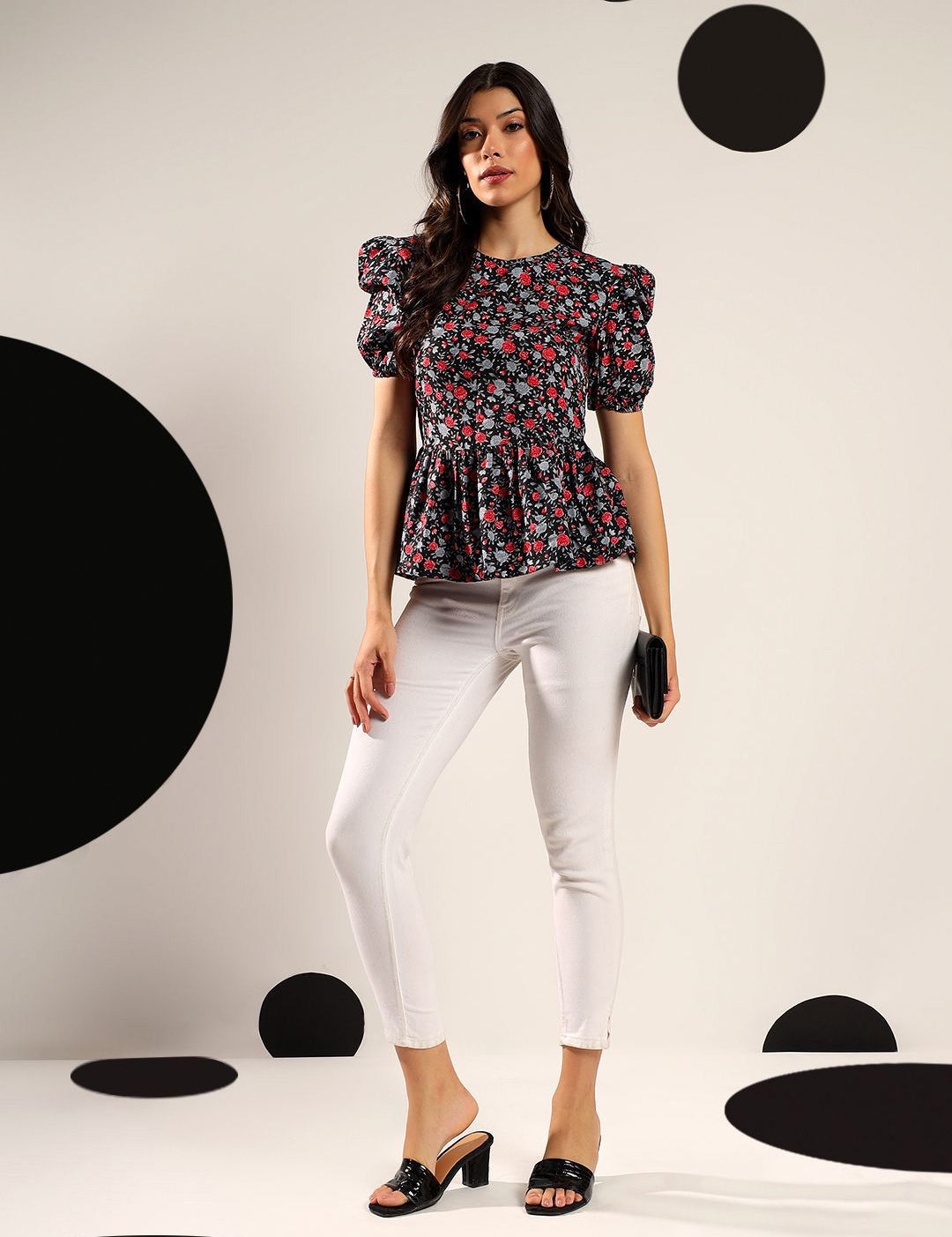 Kotty Women Floral Printed Puff Sleeve Peplum Top
