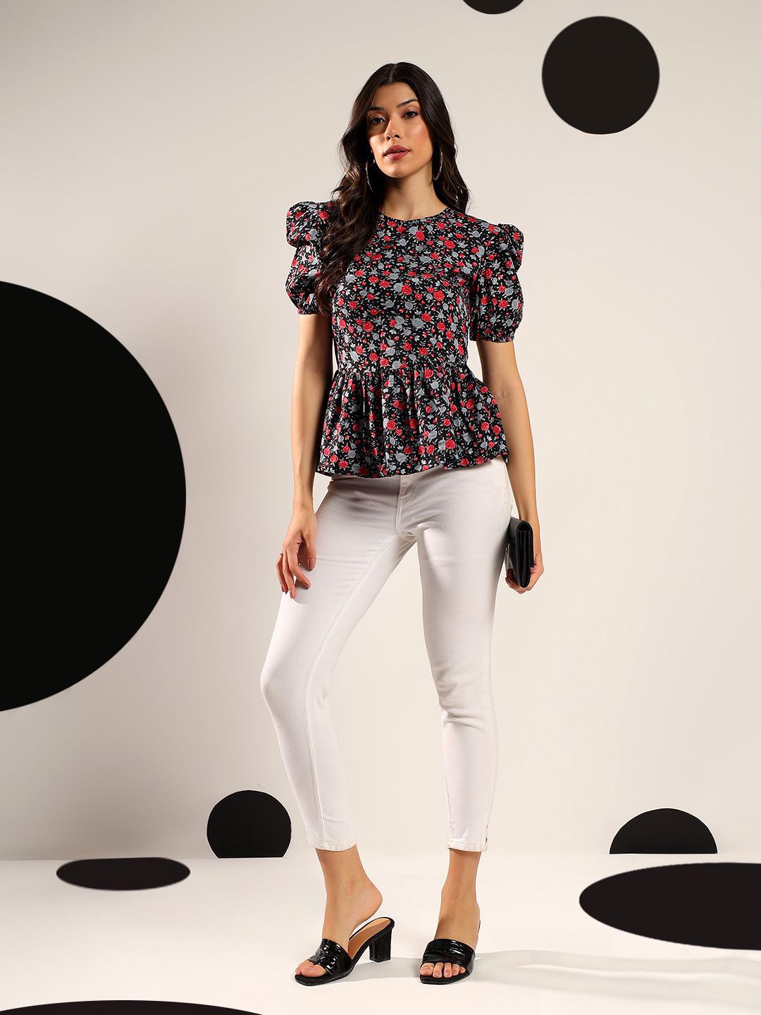 Kotty Women Floral Printed Puff Sleeve Peplum Top