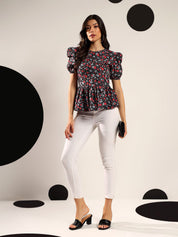 Kotty Women Floral Printed Puff Sleeve Peplum Top