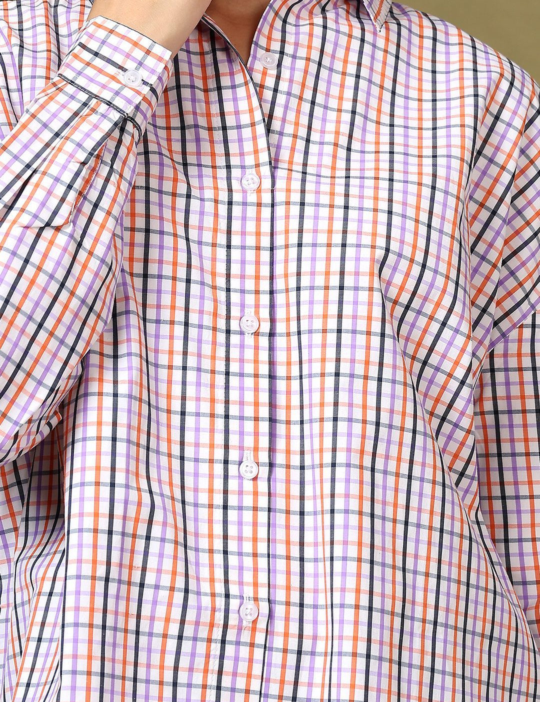 Kotty Women Spread Collar Micro Checked Cotton Casual Oversized Shirt