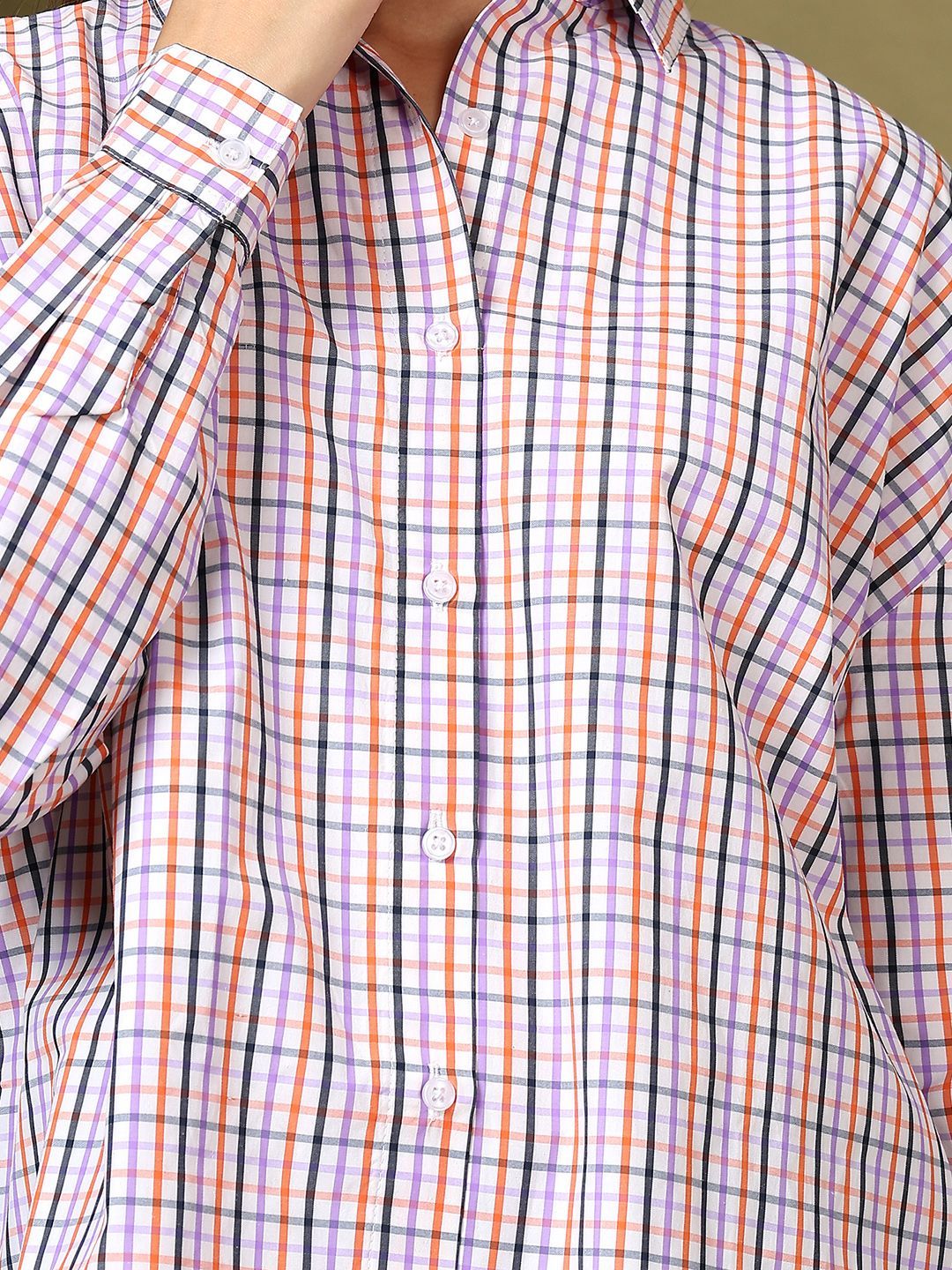 Kotty Women Spread Collar Micro Checked Cotton Casual Oversized Shirt