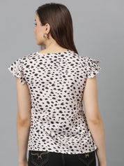 Kotty Animal Print Flutter Sleeve Crepe Top