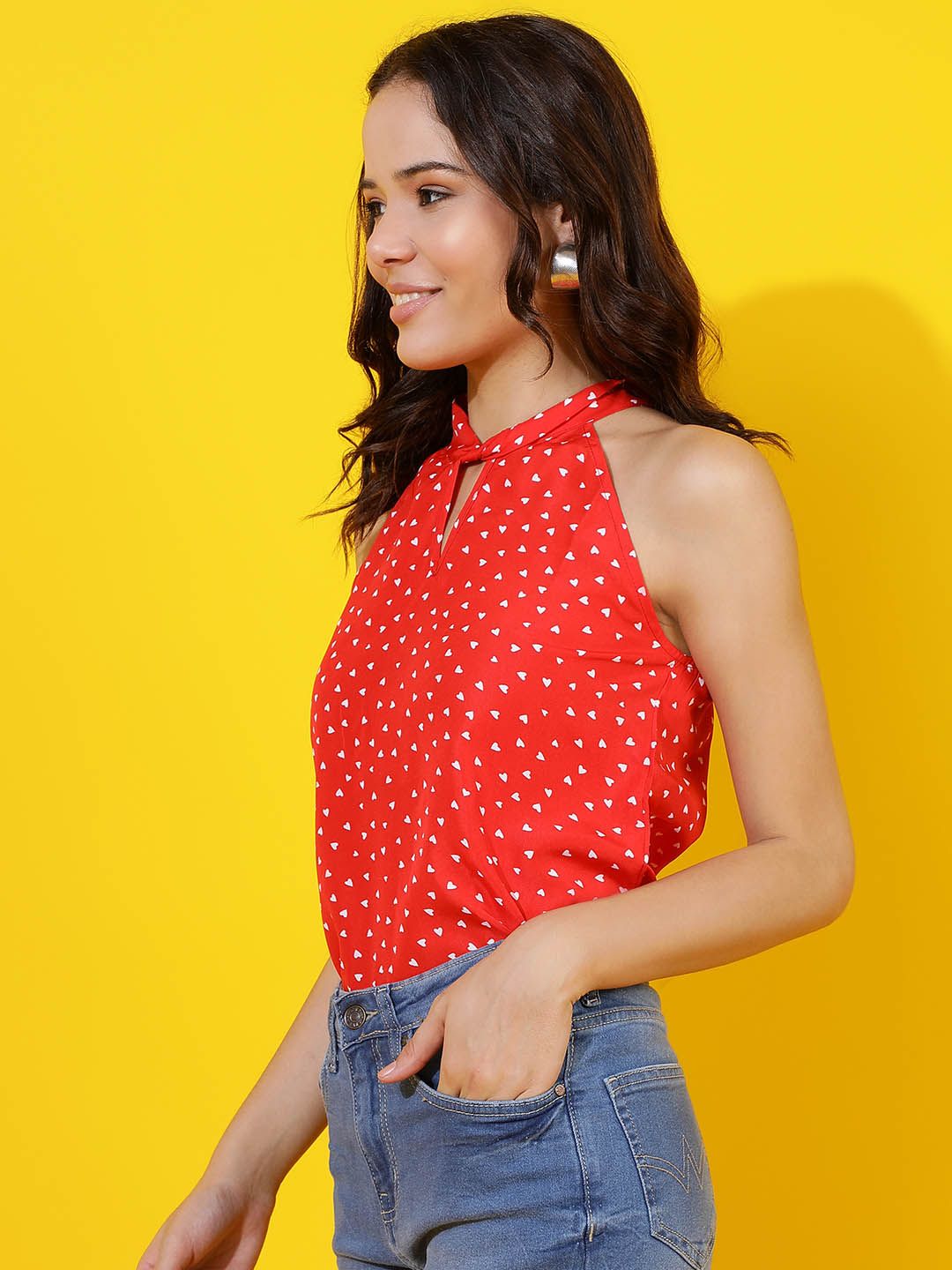 Kotty Polka Dot Print Halter Neck Crepe Top