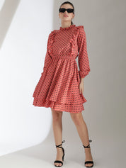 Kotty Women Polka Dots Printed Puff Sleeve Fit & Flare Dress