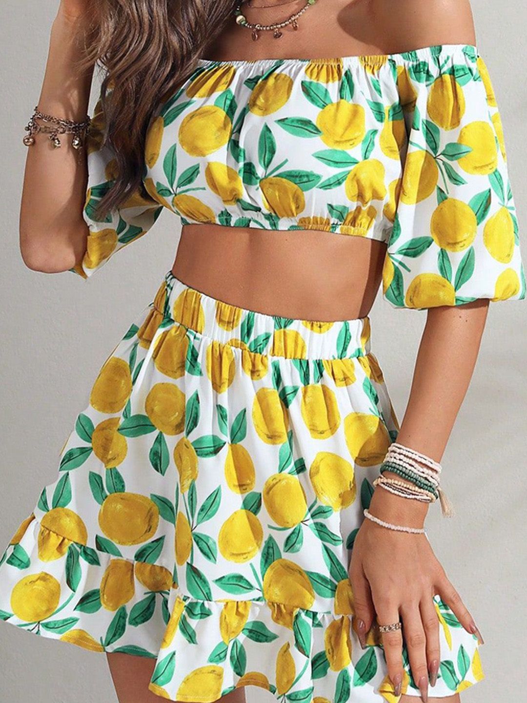 Kotty White & Yellow Printed Off-Shoulder Crop Top With Skirt