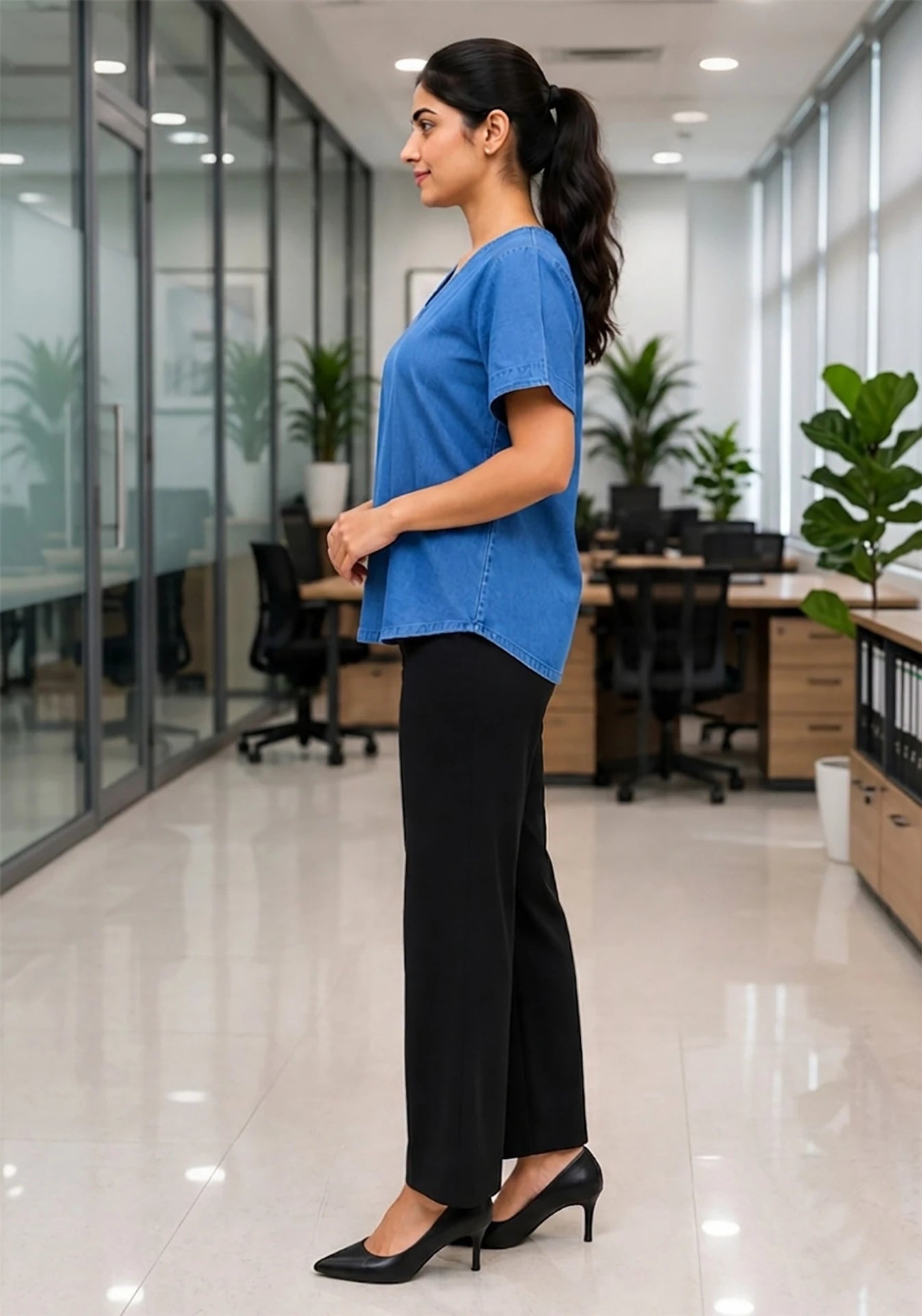 Blue Denim V-Neck Short Sleeve Top