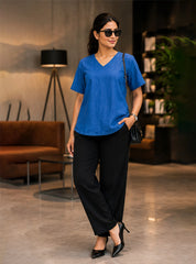 Blue Denim V-Neck Short Sleeve Top