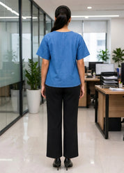 Blue Denim V-Neck Short Sleeve Top