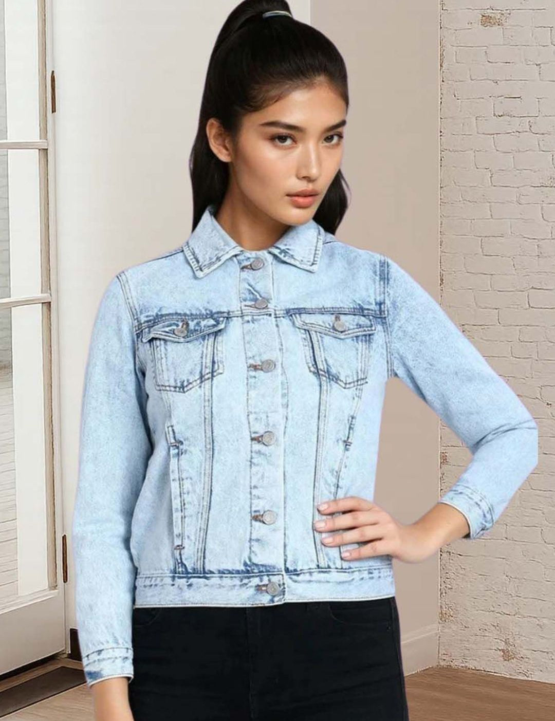 Kotty Women Spread Collar Solid Denim Jacket