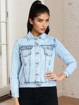 Kotty Women Spread Collar Solid Denim Jacket