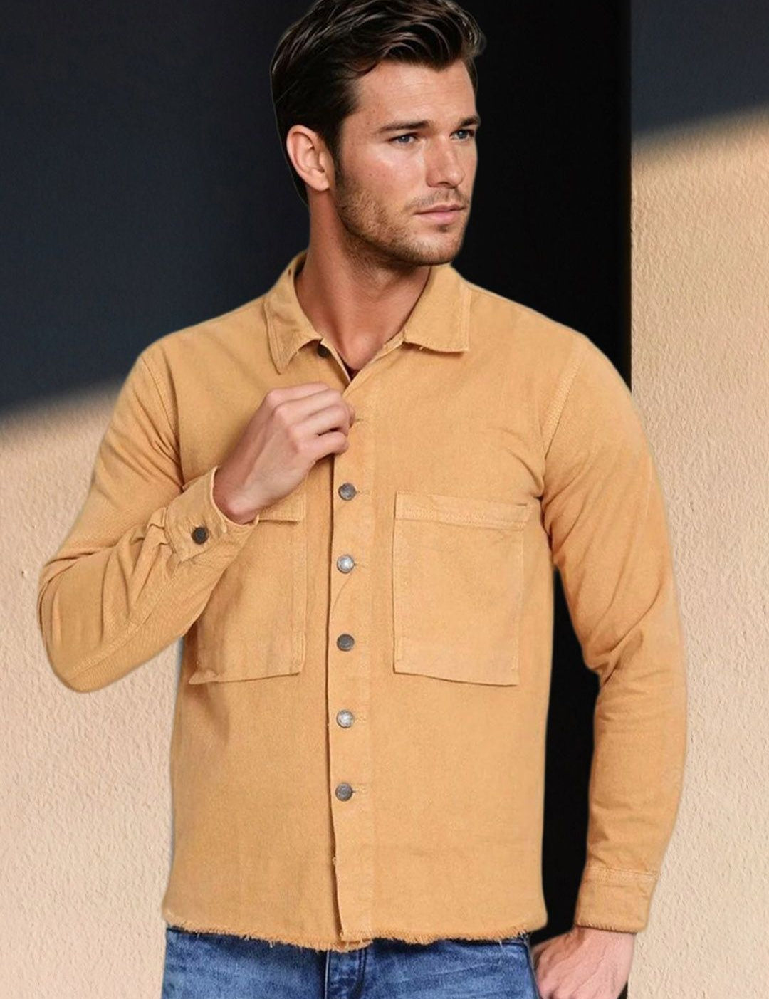 Kotty Men Spread Collar Solid Denim Jacket