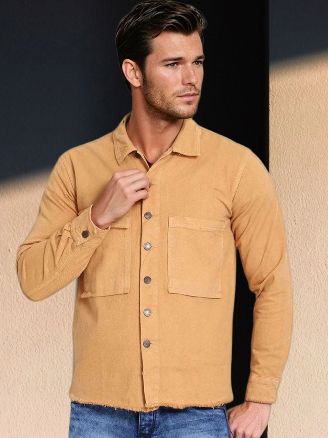 Kotty Men Spread Collar Solid Denim Jacket