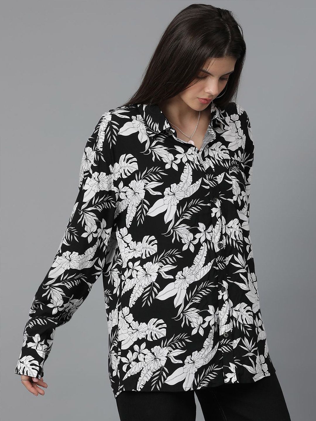 Kotty Women Spread Collar Floral Printed Cotton Oversized Casual Shirt