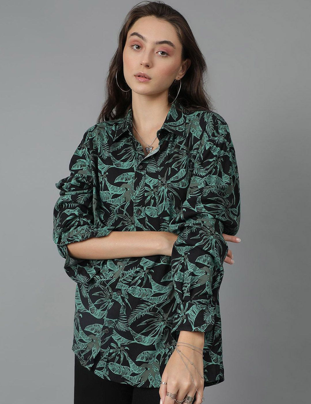 Kotty Women Spread Collar Floral Printed Cotton Oversized Casual Shirt