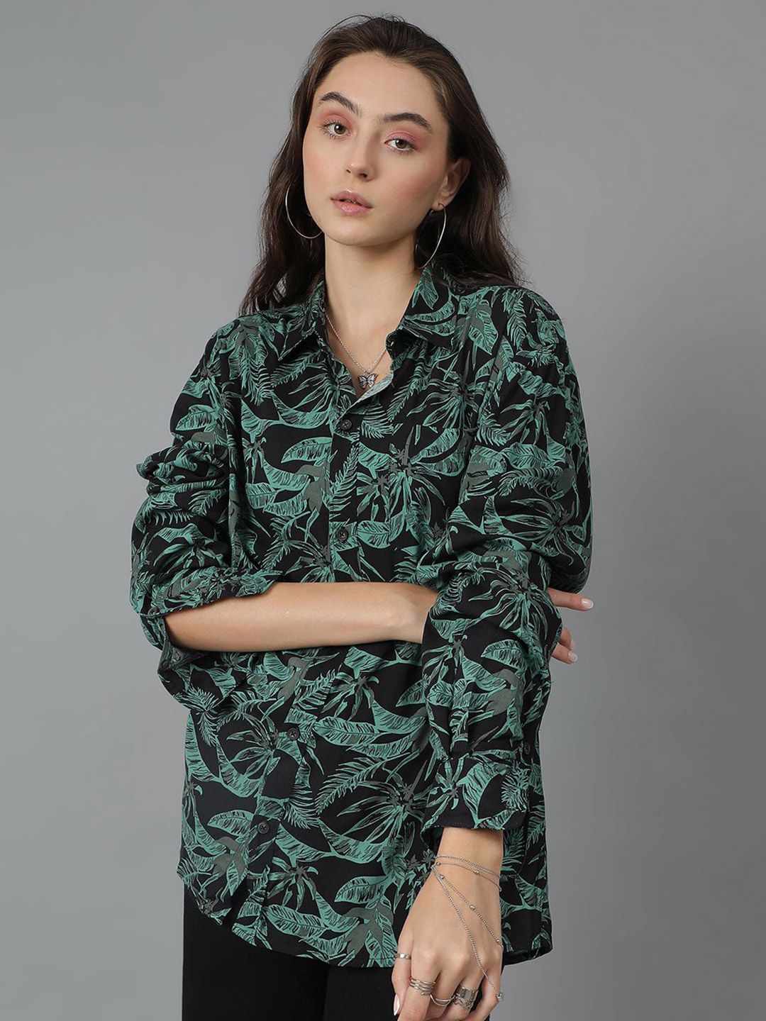 Kotty Women Spread Collar Floral Printed Cotton Oversized Casual Shirt
