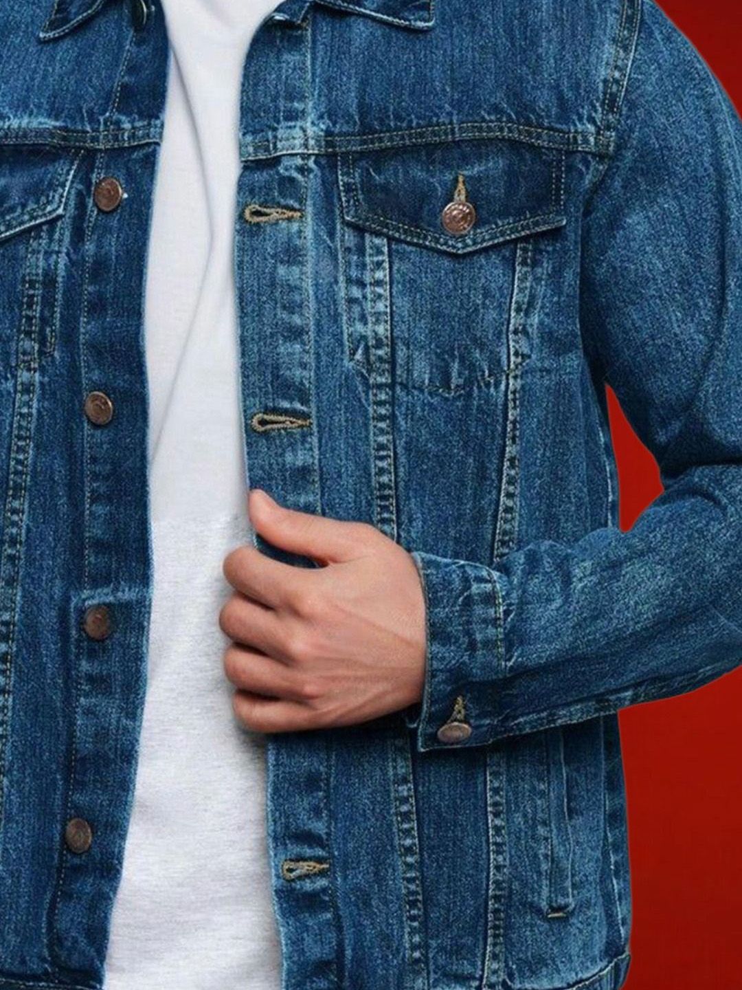 Kotty Men Spread Collar Solid Denim Jacket