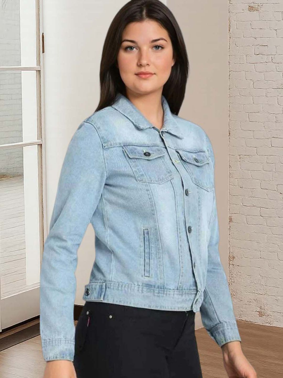 Kotty Women Spread Collar Solid Denim Jacket