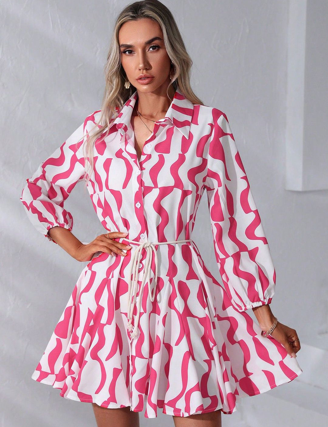 Kotty Graphic Printed Shirt Collar Fit & Flare Dress