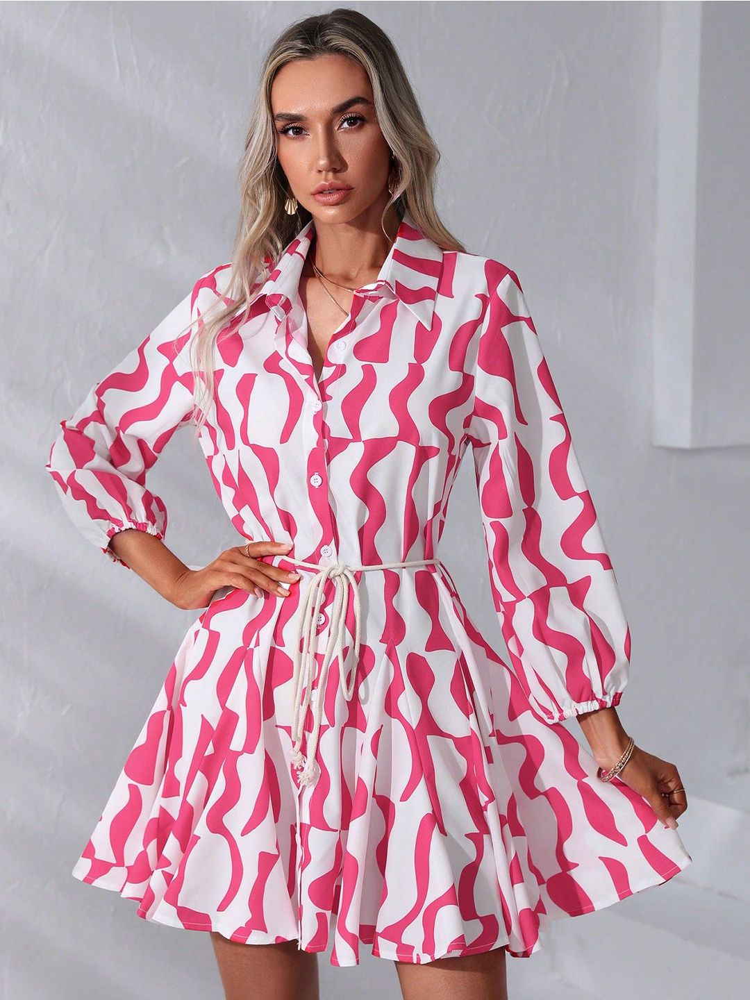 Kotty Graphic Printed Shirt Collar Fit & Flare Dress