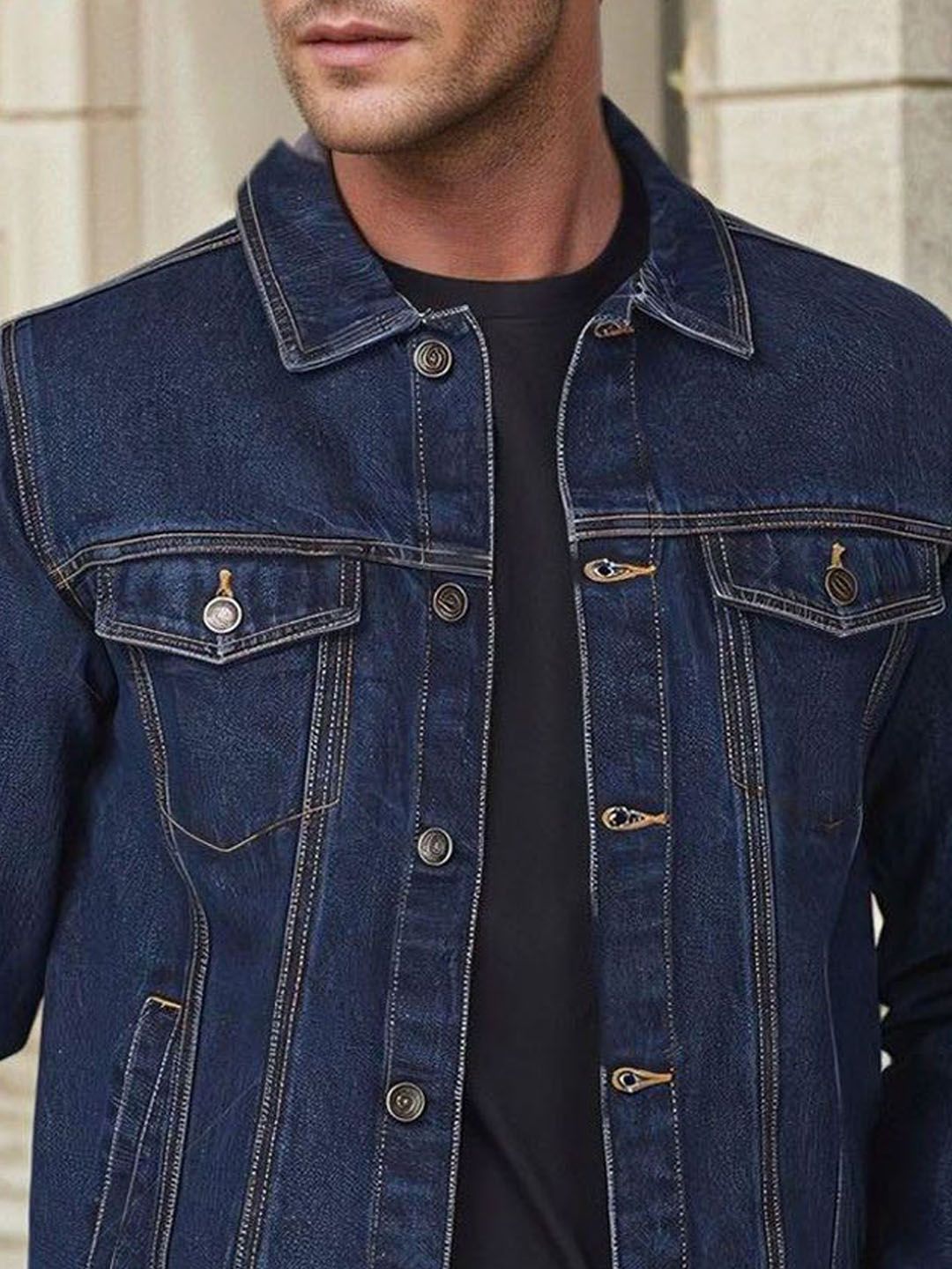 Kotty Men Solid Spread Collar Denim Jacket