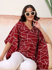 Kotty Women Abstract Print Kimono Sleeve Satin Kaftan Top