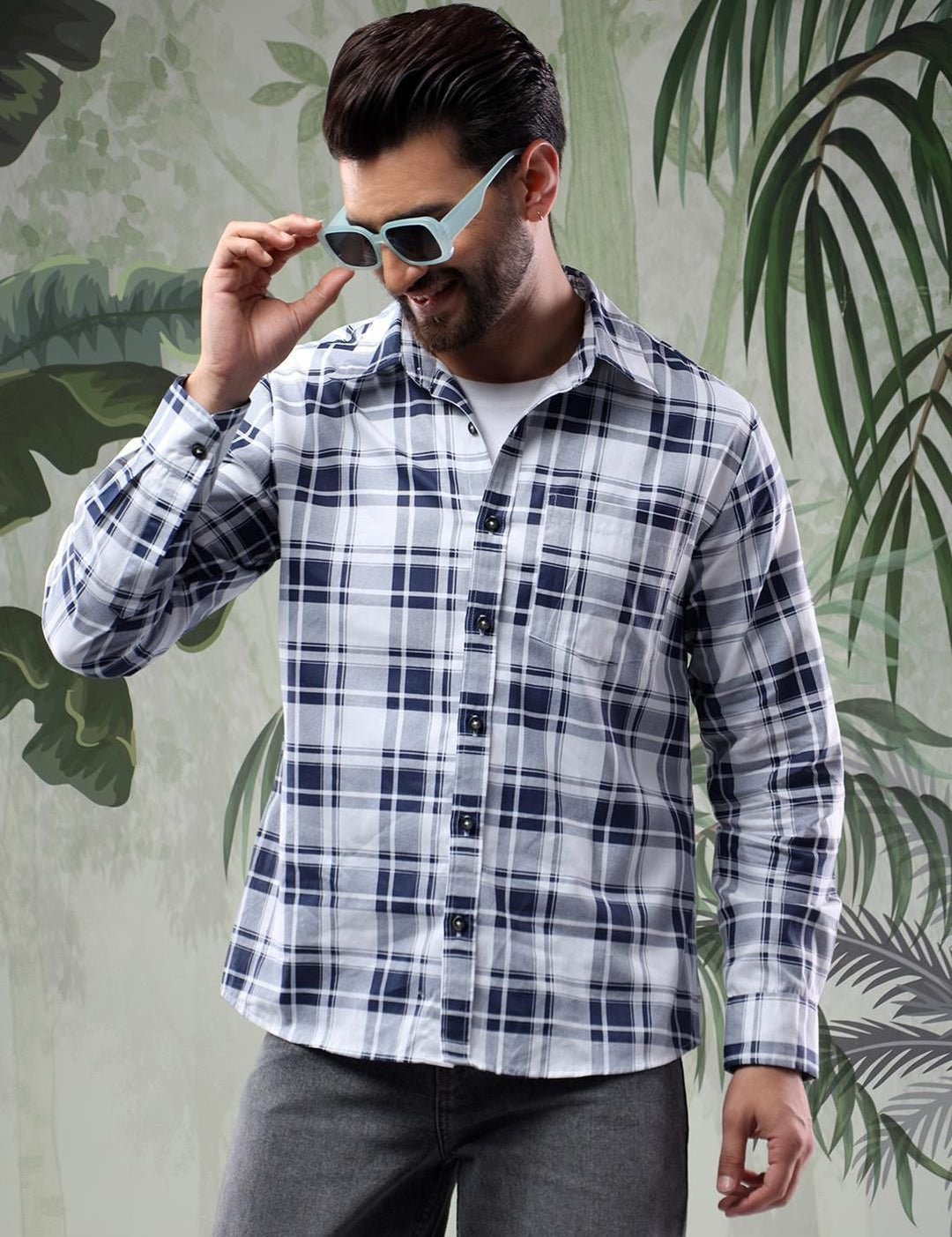Kotty Men Spread Collar Tartan Checked Casual Shirt