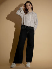 Kotty Women Comfort Spread Collar Vertical Striped Cotton Oversized Casual Shirt