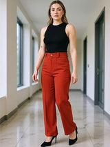 Rust Regular Fit High-Rise Trousers for Women – Chic Solid Design | Kotty