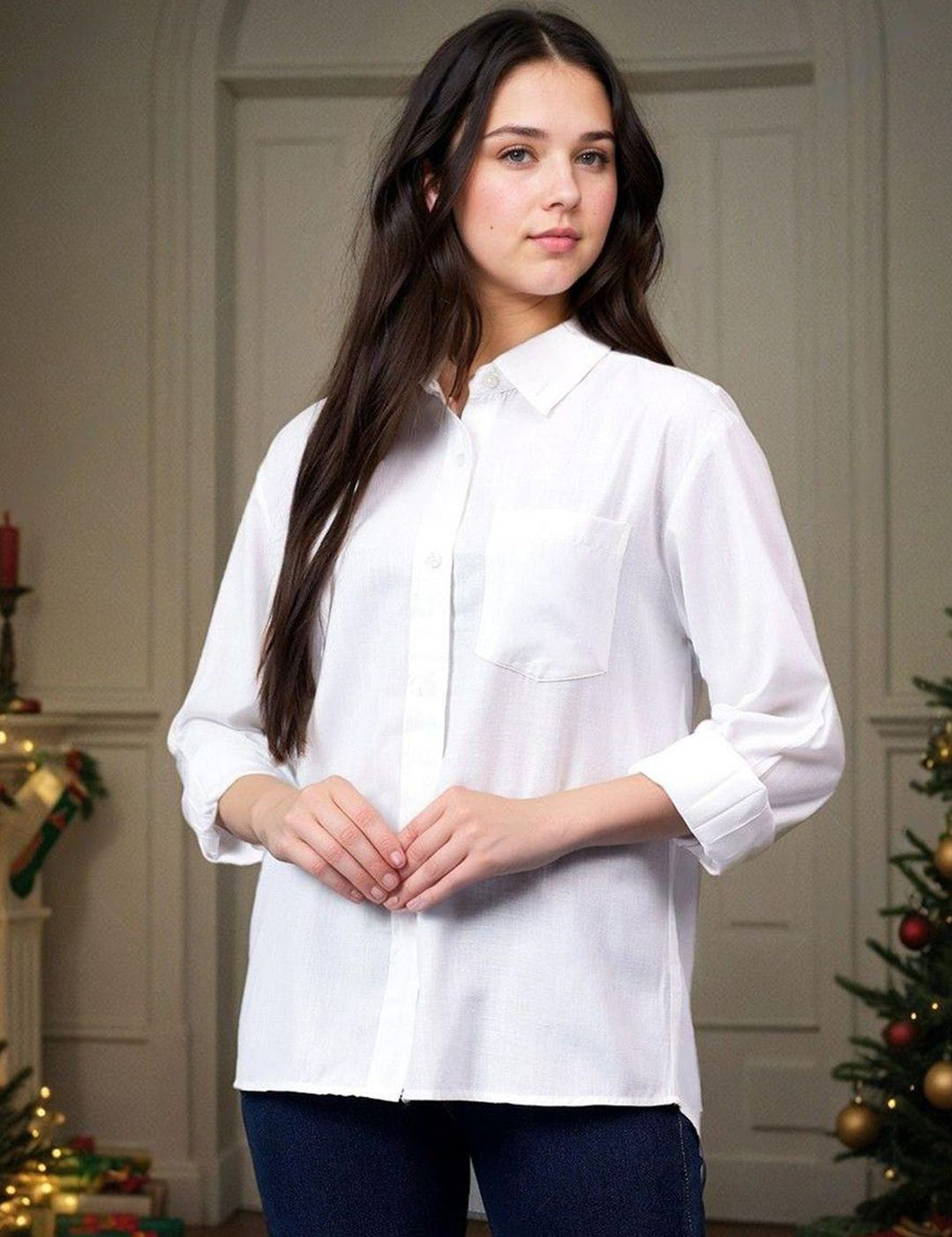 Kotty Women Spread Collar Solid Cotton Relaxed Fit Casual Shirt