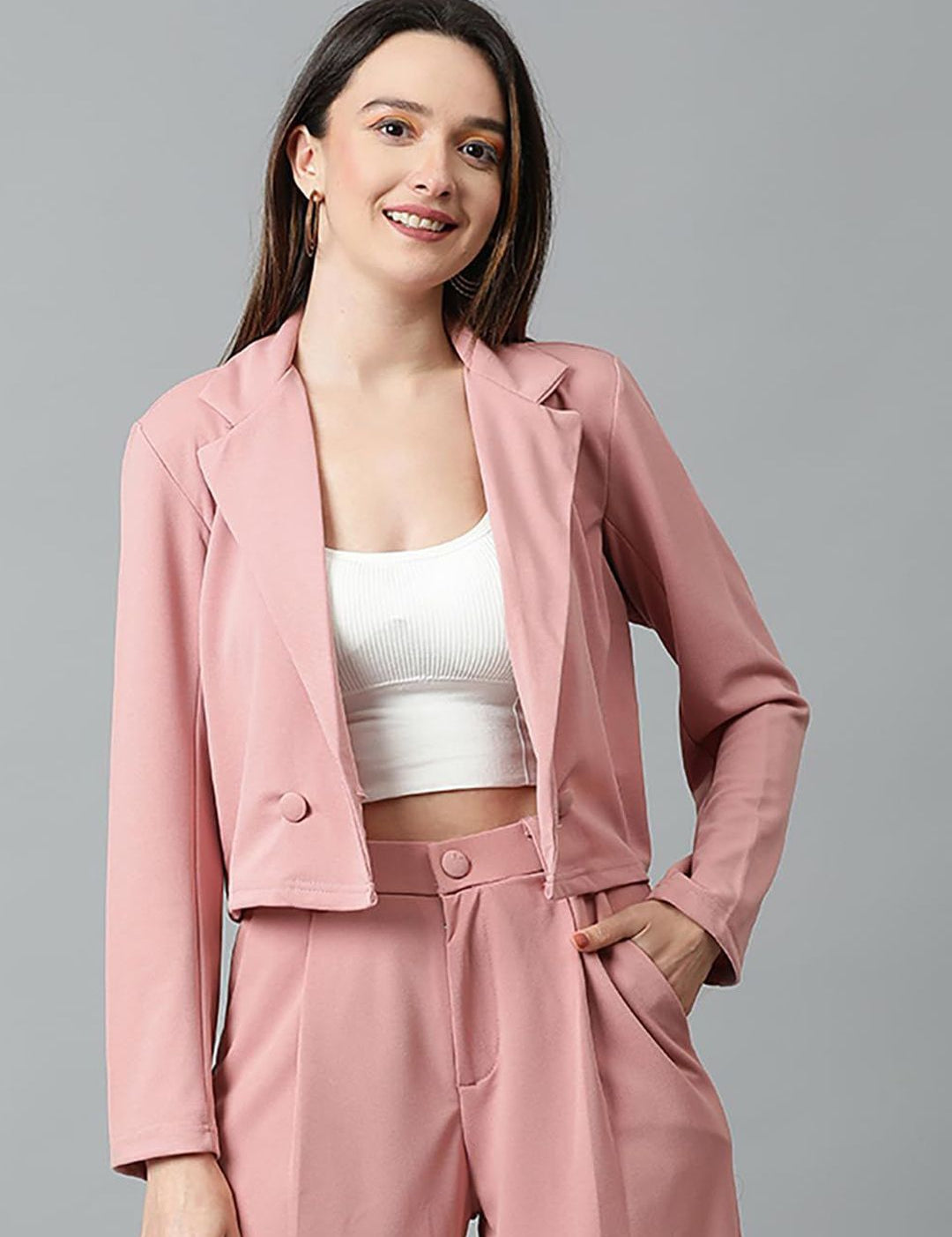Kotty Notch Lapel Collar Double-Breasted Crop Blazer