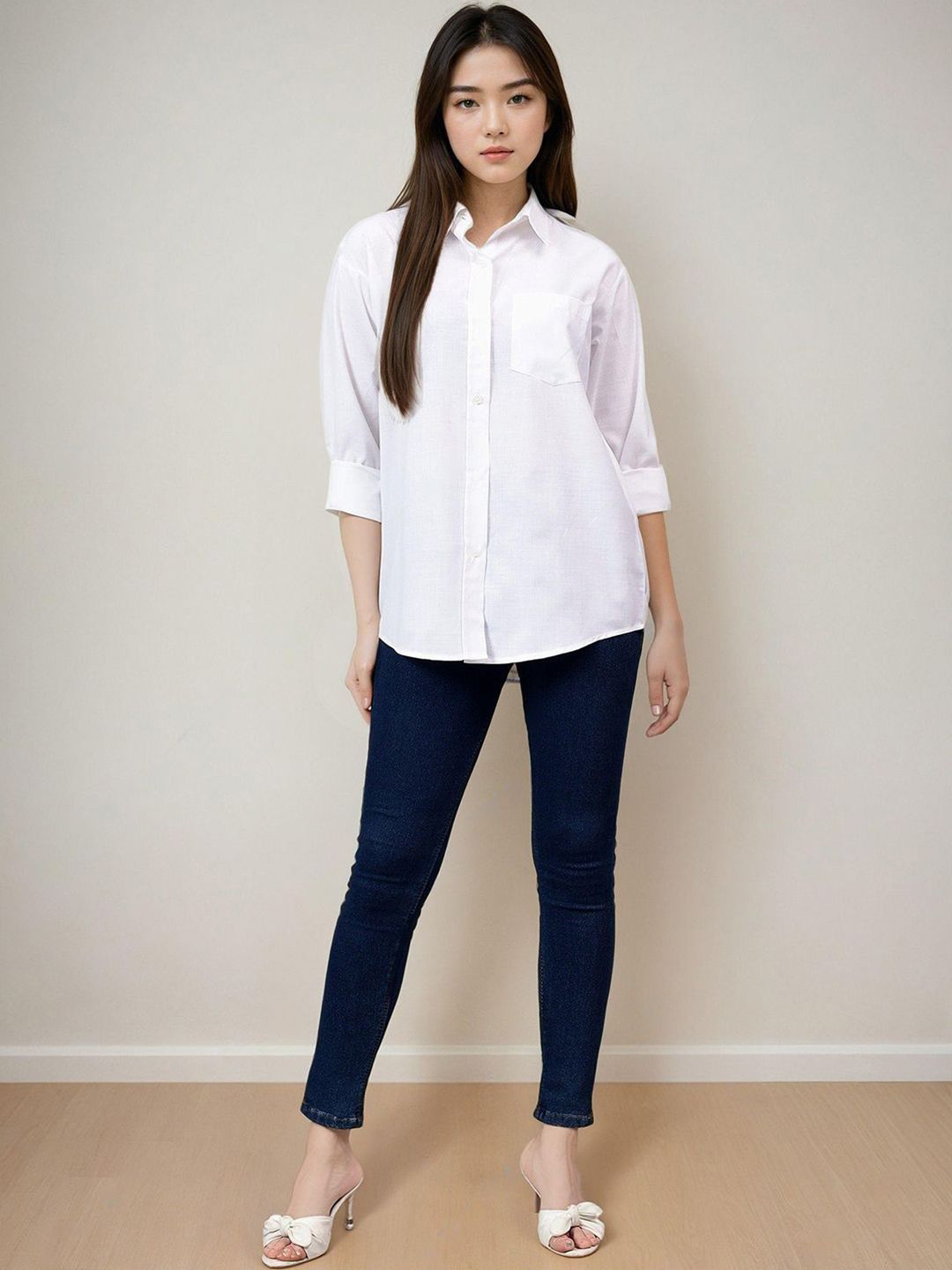 Kotty Women Spread Collar Solid Cotton Relaxed Fit Casual Shirt