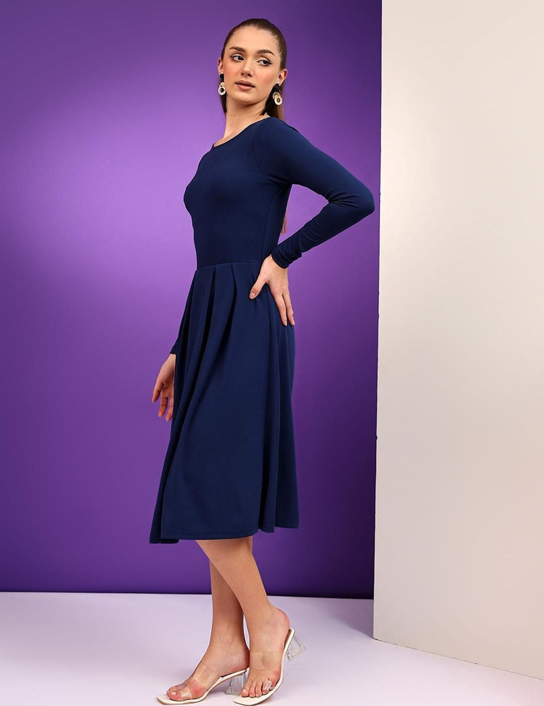 Kotty Round Neck Pleated Fit & Flare Dress