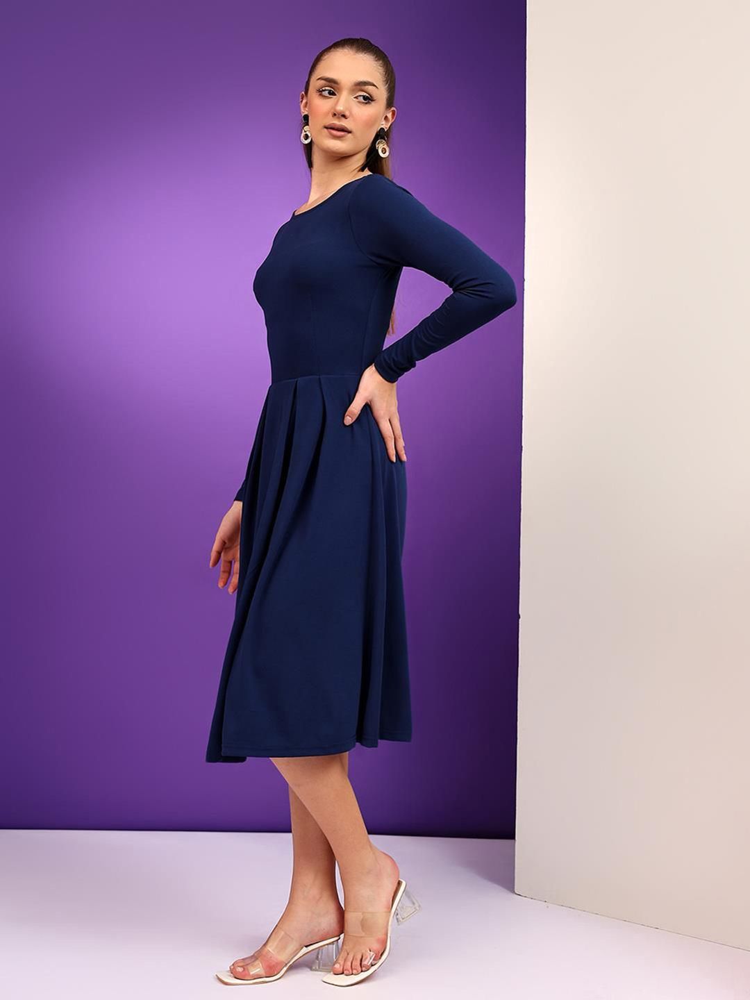 Kotty Round Neck Pleated Fit & Flare Dress