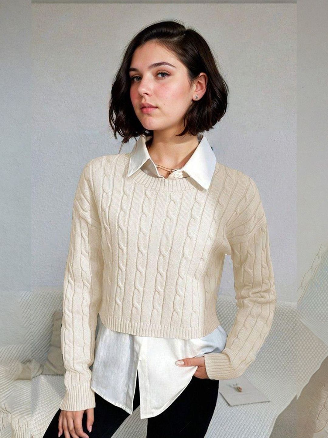 Kotty Women Cable Knit Crop Pullover