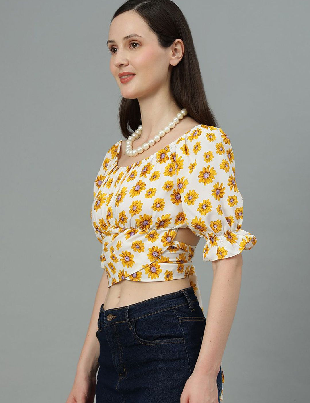 Kotty Women Floral Printed Puff Sleeve Crop Top