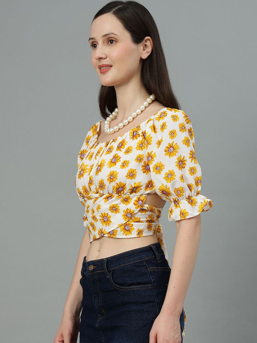 Kotty Women Floral Printed Puff Sleeve Crop Top