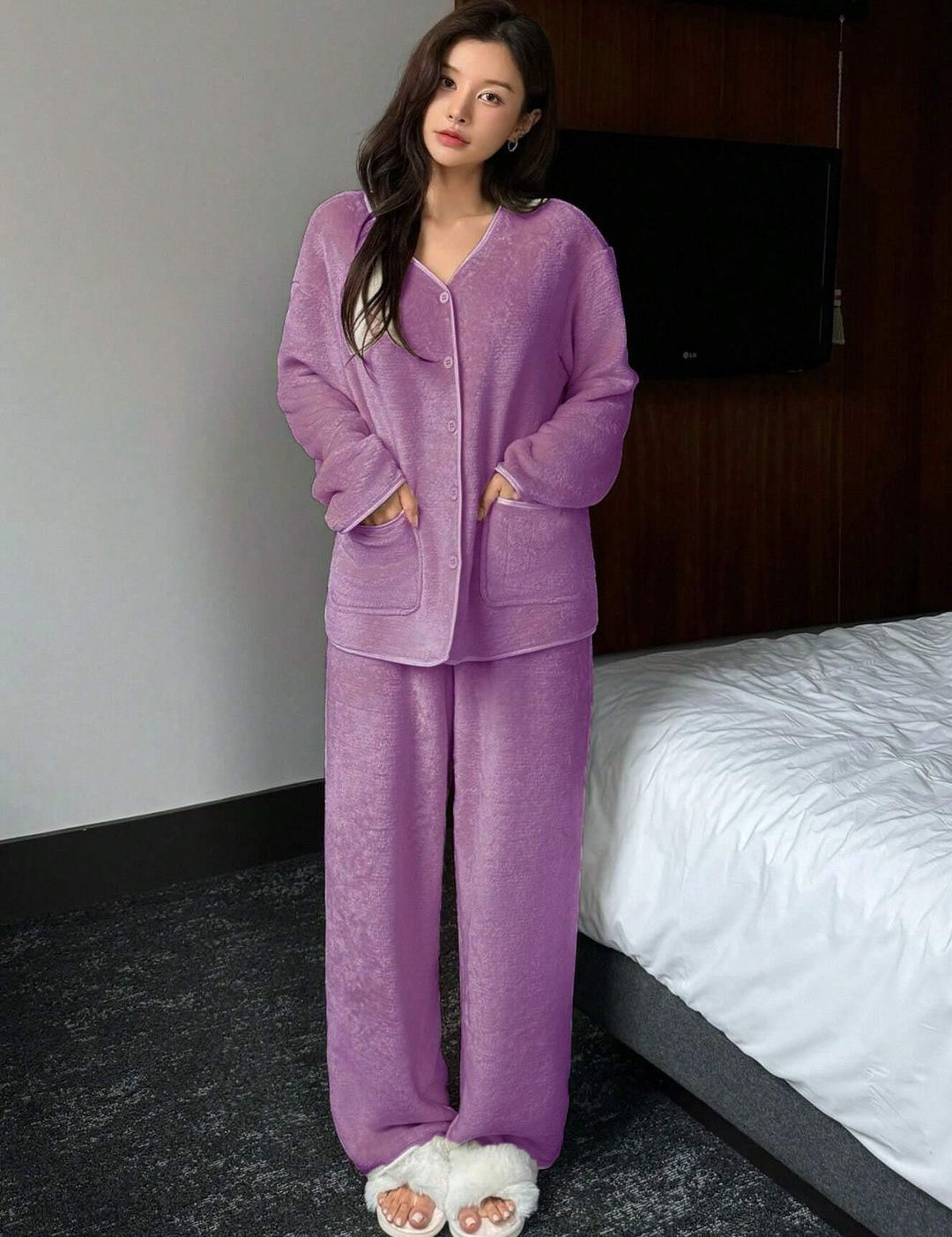 Kotty Women Textured V-Neck Long Sleeves Shirt & Pyjama Night suit