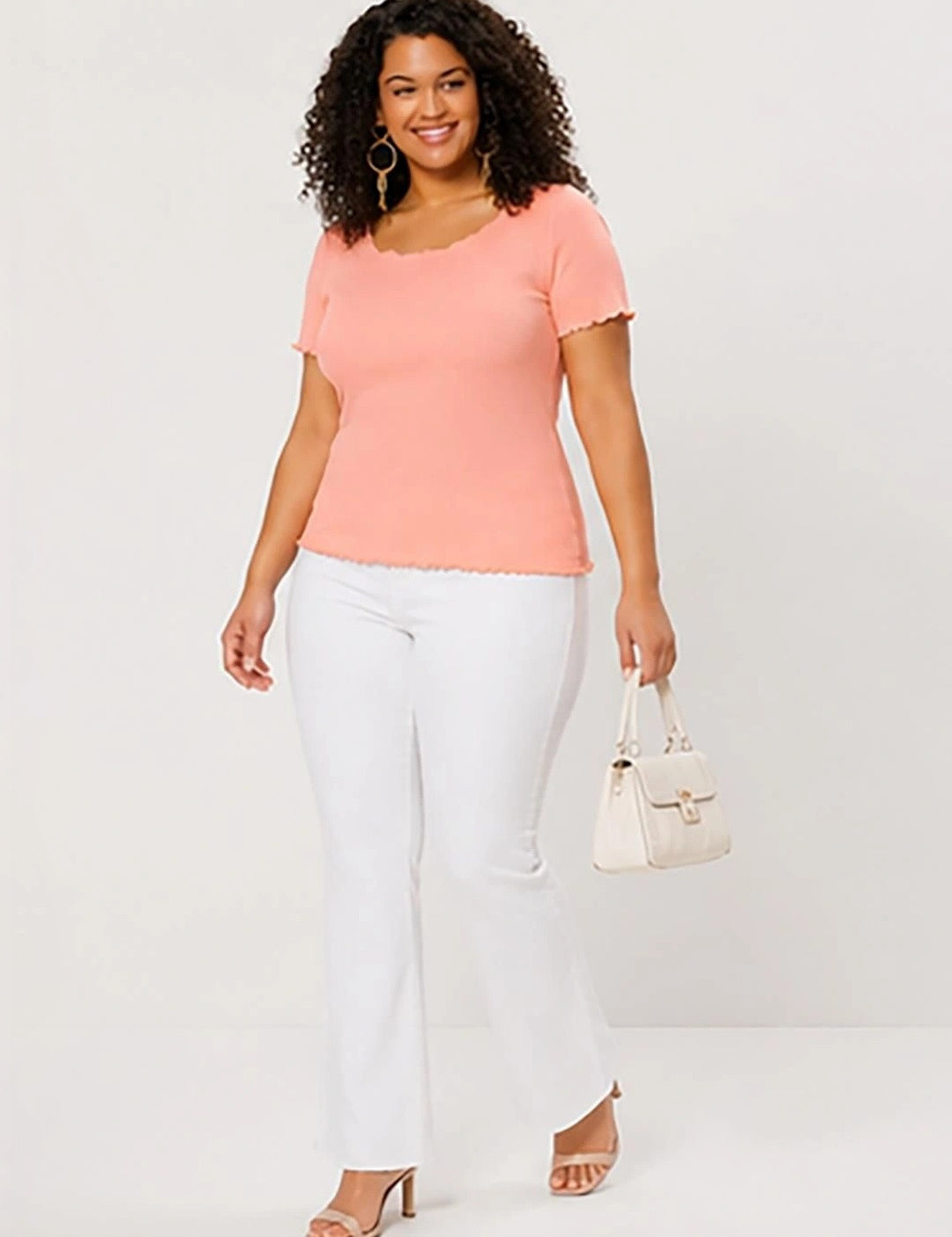 Kotty Women's Dusty Peach Ruffle Square Neck Short Sleeve Top | Stylish Party Wear