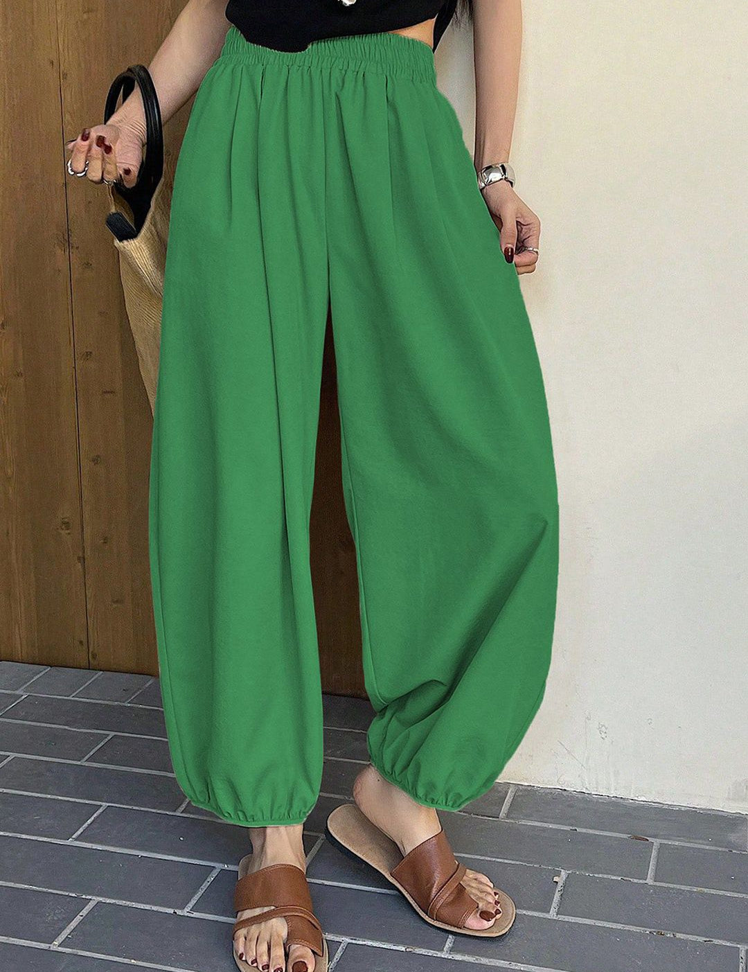 Kotty Women Relaxed Fit High-Rise Balloon Pants Trousers with Elasticated Hem