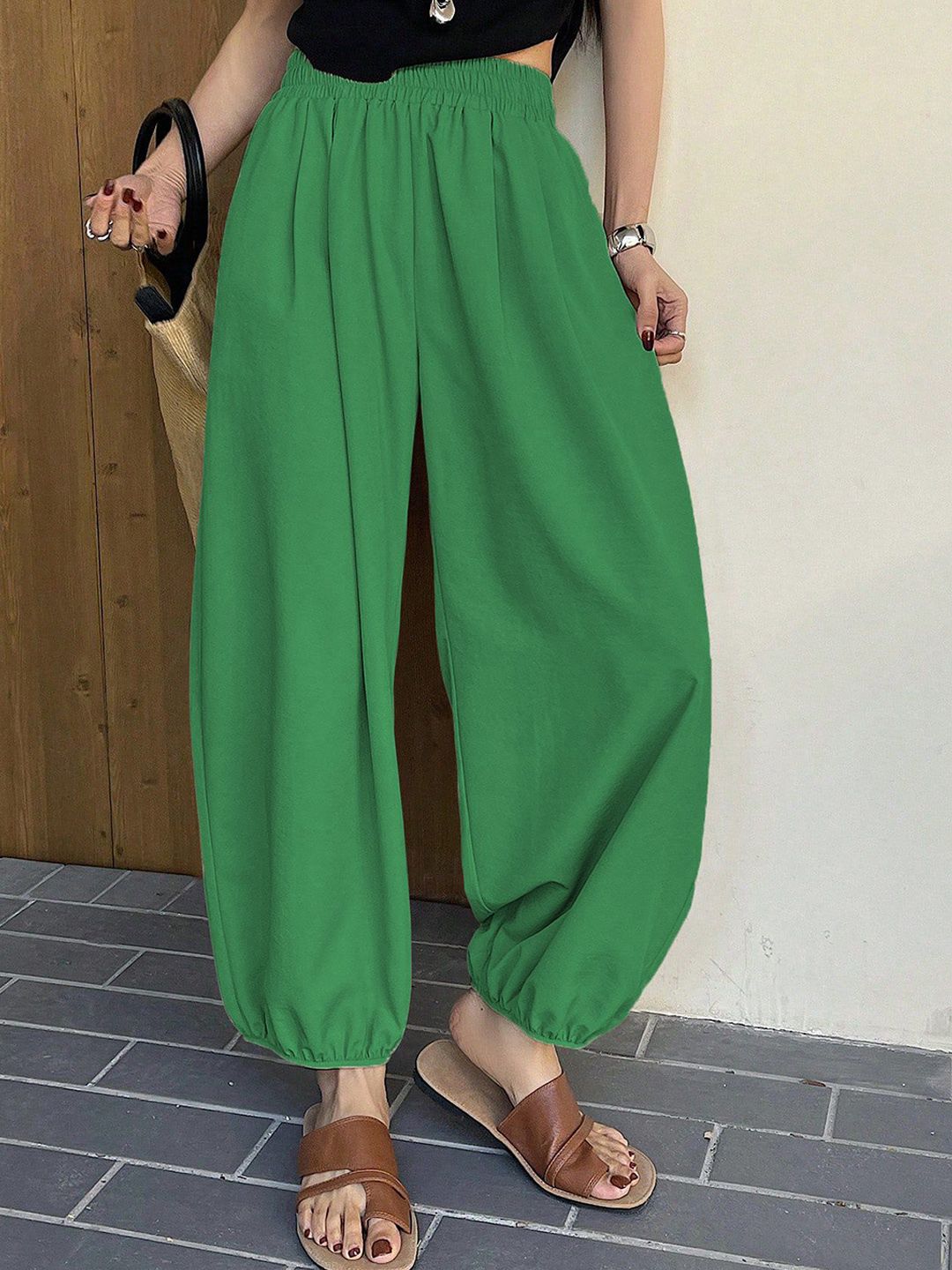 Kotty Women Relaxed Fit High-Rise Balloon Pants Trousers with Elasticated Hem
