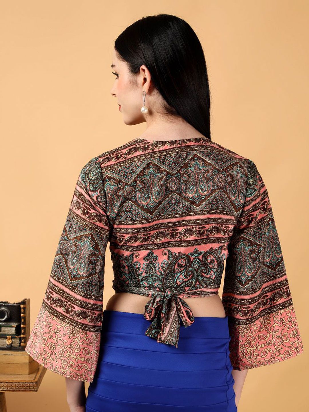 Kotty Floral Print Bell Sleeve Crepe Wrap Crop Top