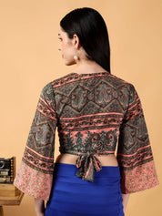 Kotty Floral Print Bell Sleeve Crepe Wrap Crop Top